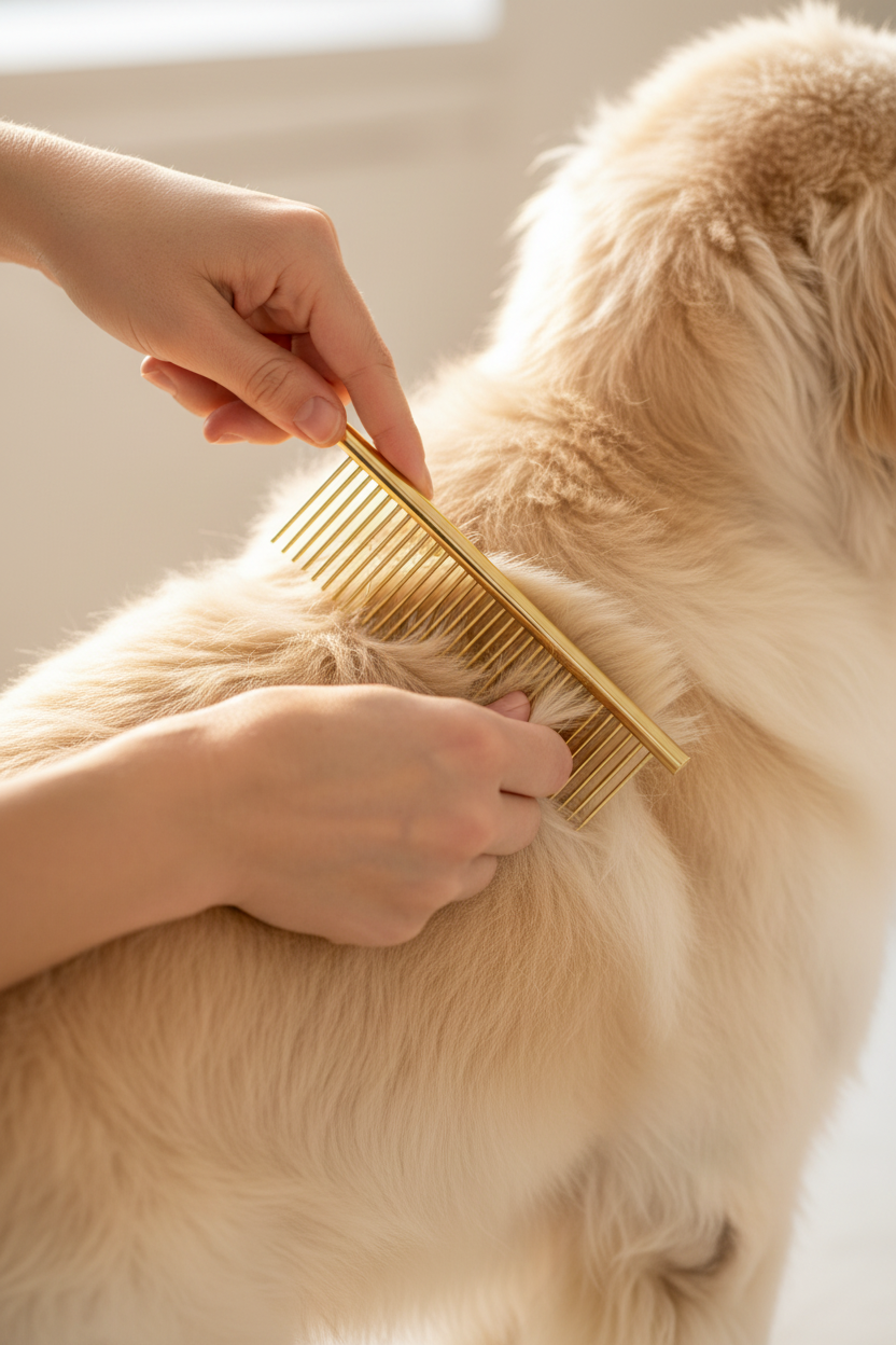 B&B Gold Comb gently combing through a dog’s coat