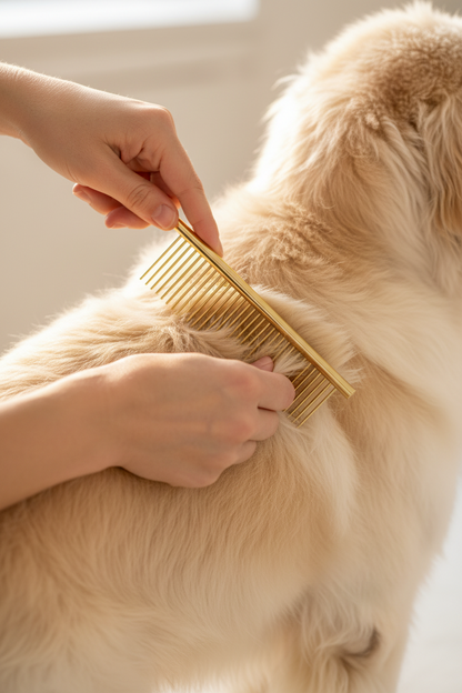 B&B Gold Comb gently combing through a dog’s coat